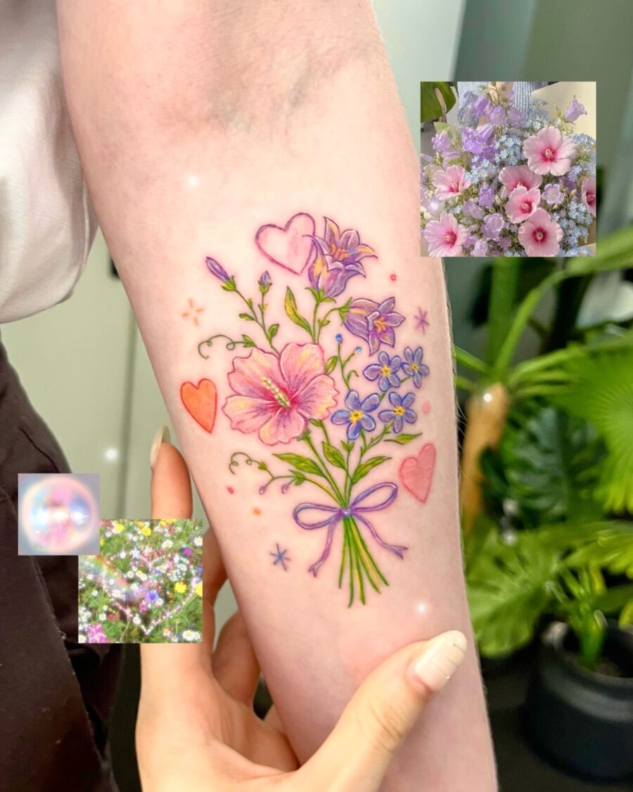 This charming tattoo features flowers along with cute hearts, blending beauty and affection.
