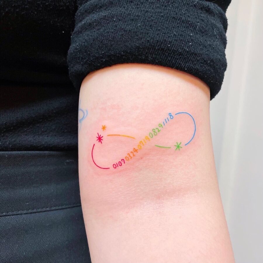 This birthday tattoo features an infinity symbol adorned with bright colors and playful stars, making it a cheerful expression of everlasting joy.