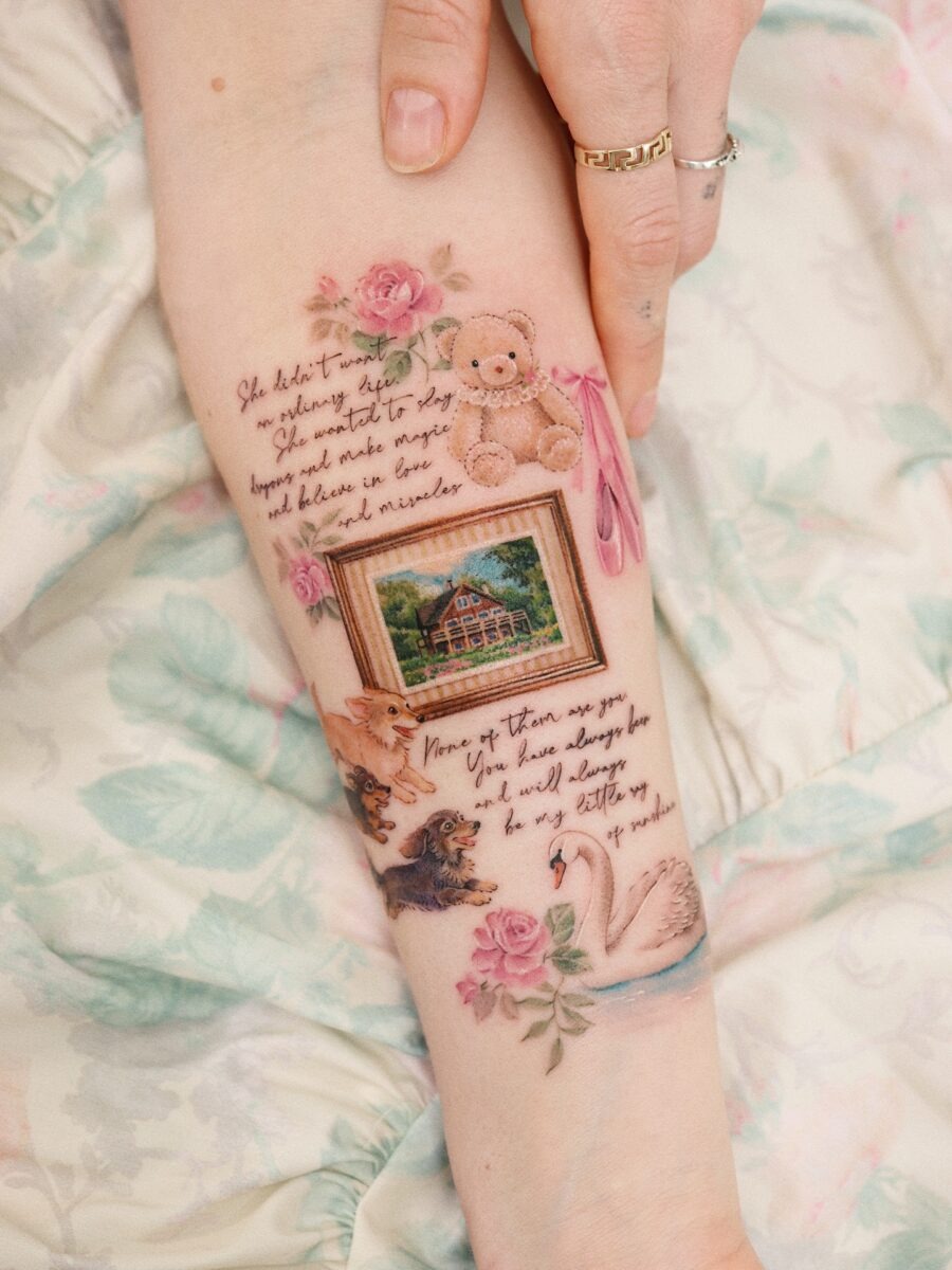 This tattoo beautifully blends soft pink roses with playful elements like a teddy bear and a scenic portrait.
