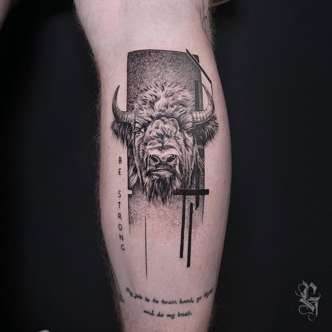 This striking bison tattoo showcases an intricately detailed portrait, positioned prominently on the wearer's leg.