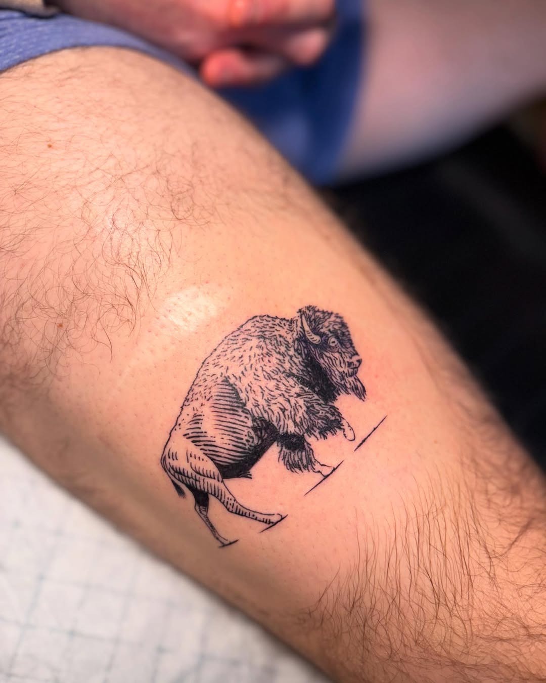 This bison tattoo features intricate detailing, capturing the essence of this majestic animal.
