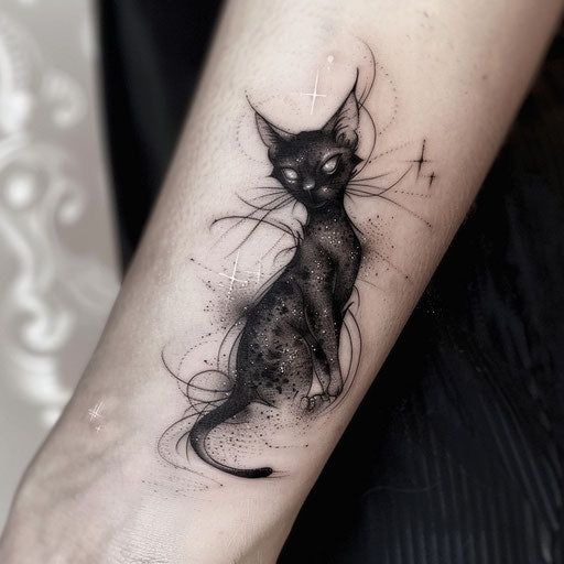 Botanical Cat Silhouette Tattoo Design