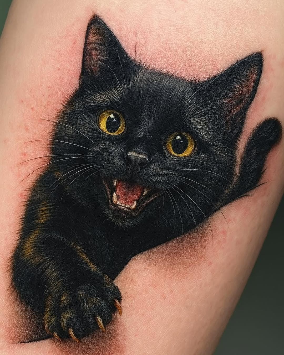 Charming black cat tattoo with lively expression Tattoo Design