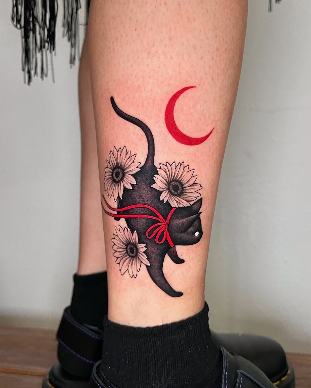 Elegant black cat tattoo with florals and moon Tattoo Design