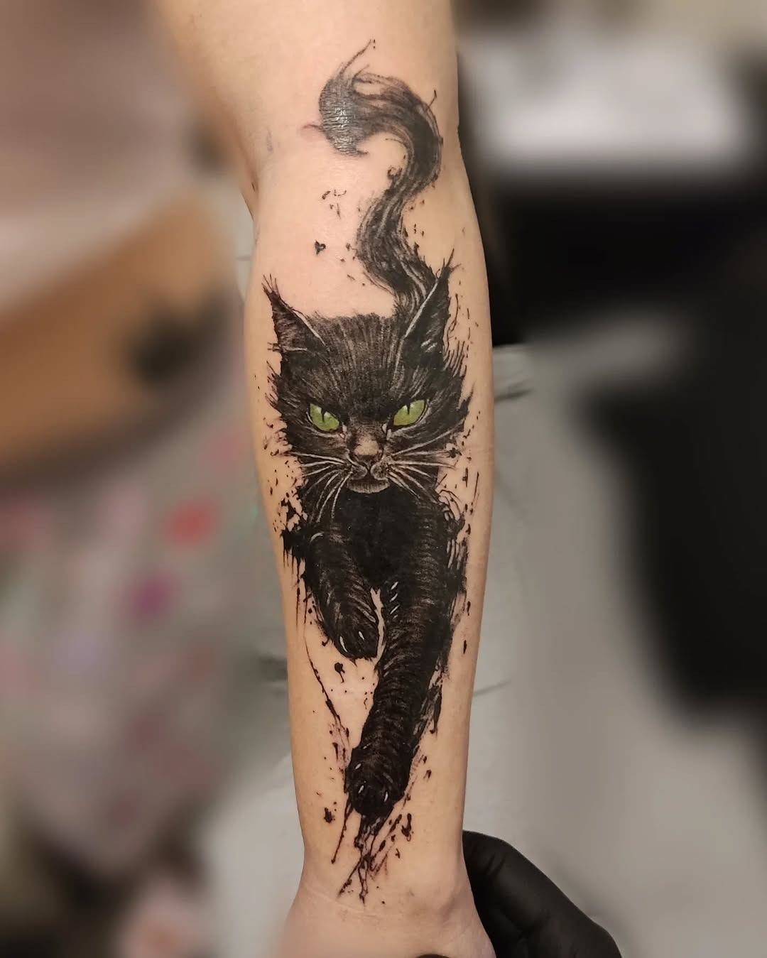 Expressive black cat tattoo in motion Tattoo Design