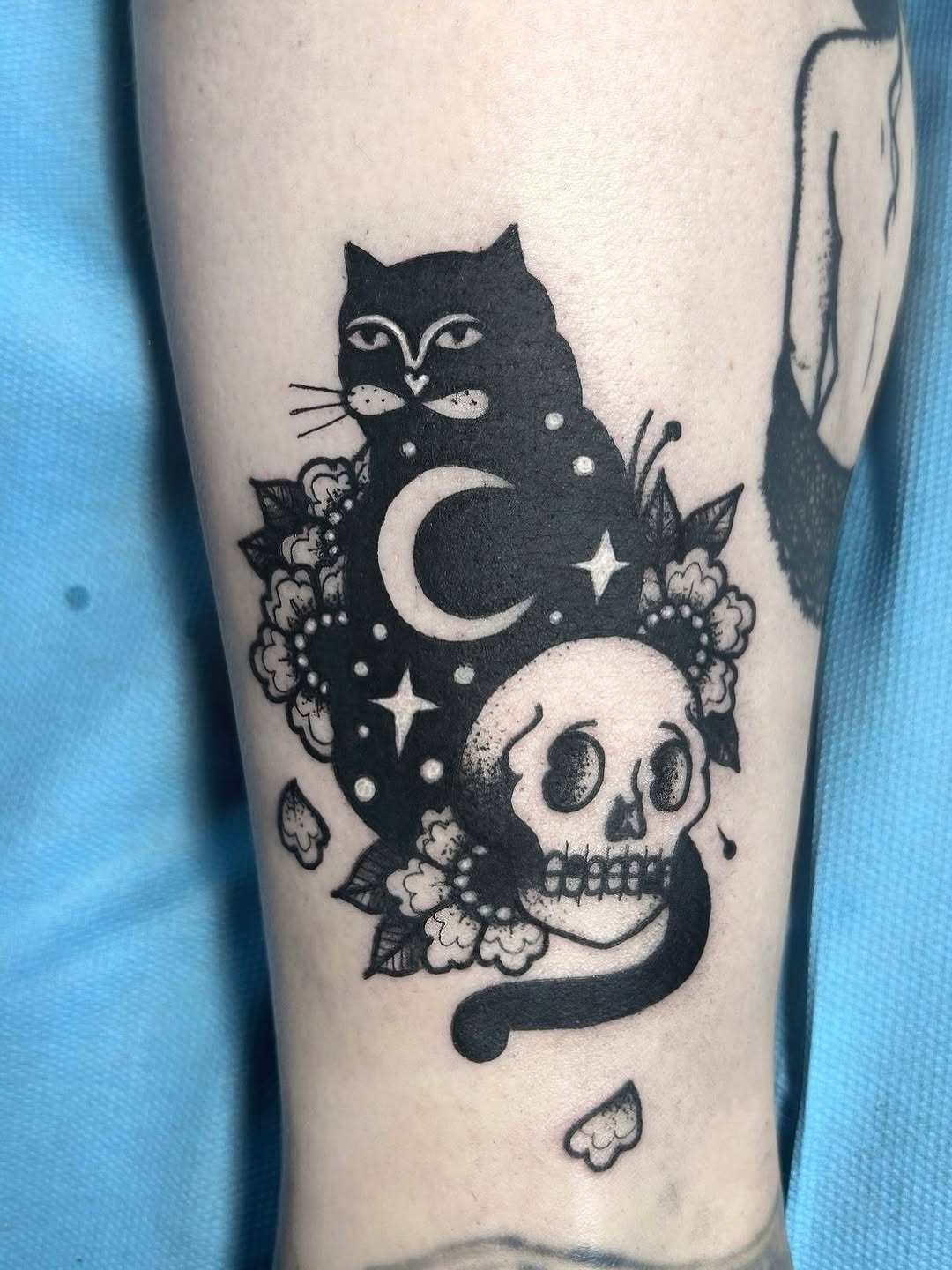 Mystical black cat tattoo design with skull Tattoo Design