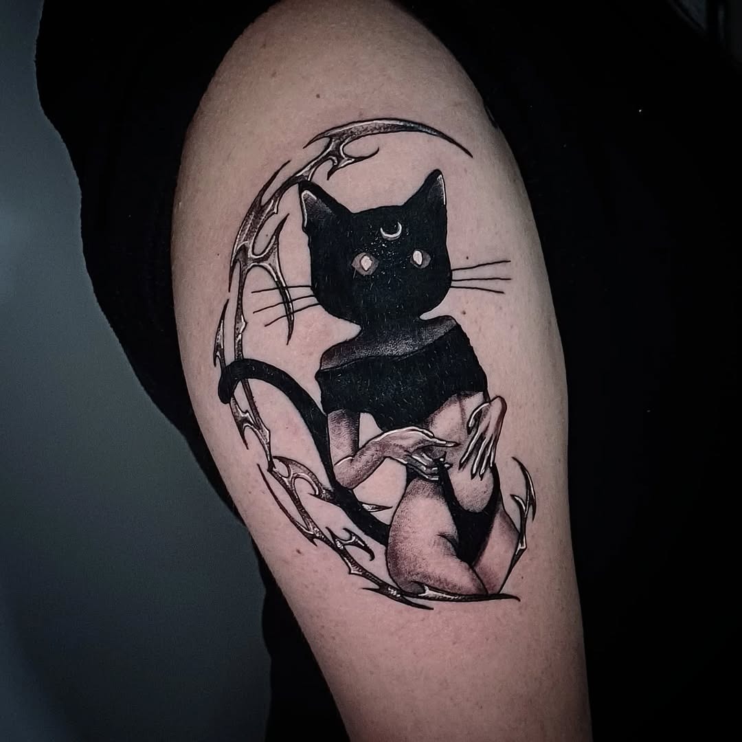 Mystical black cat tattoo with elegant design Tattoo Design