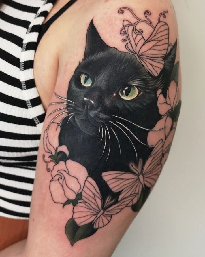 Shadow Cat with Blossoms Tattoo Design