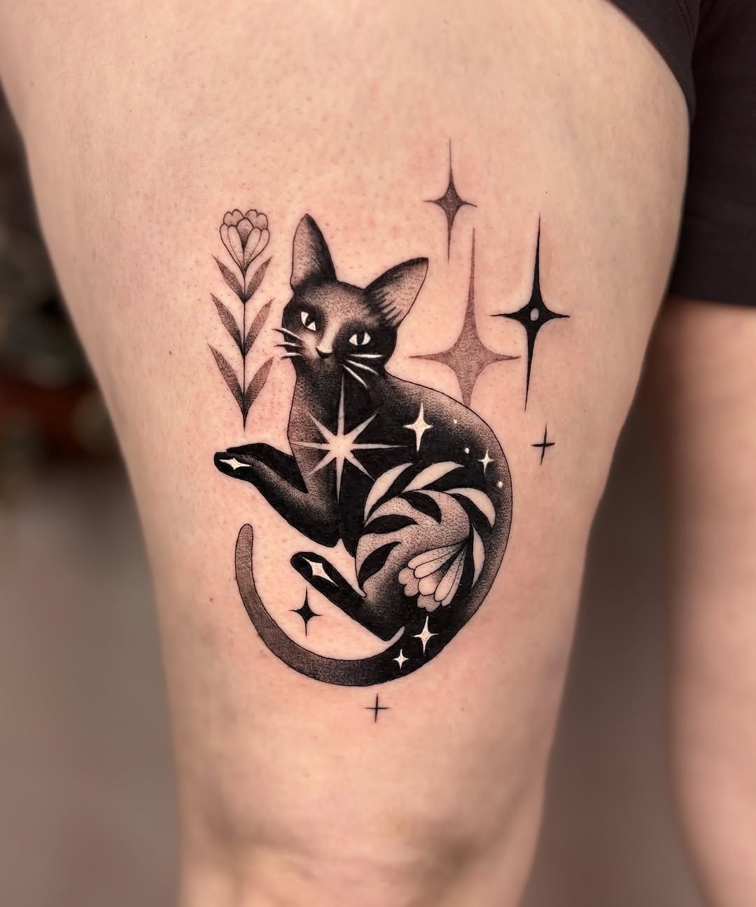Stunning black cat tattoo with cosmic elements Tattoo Design