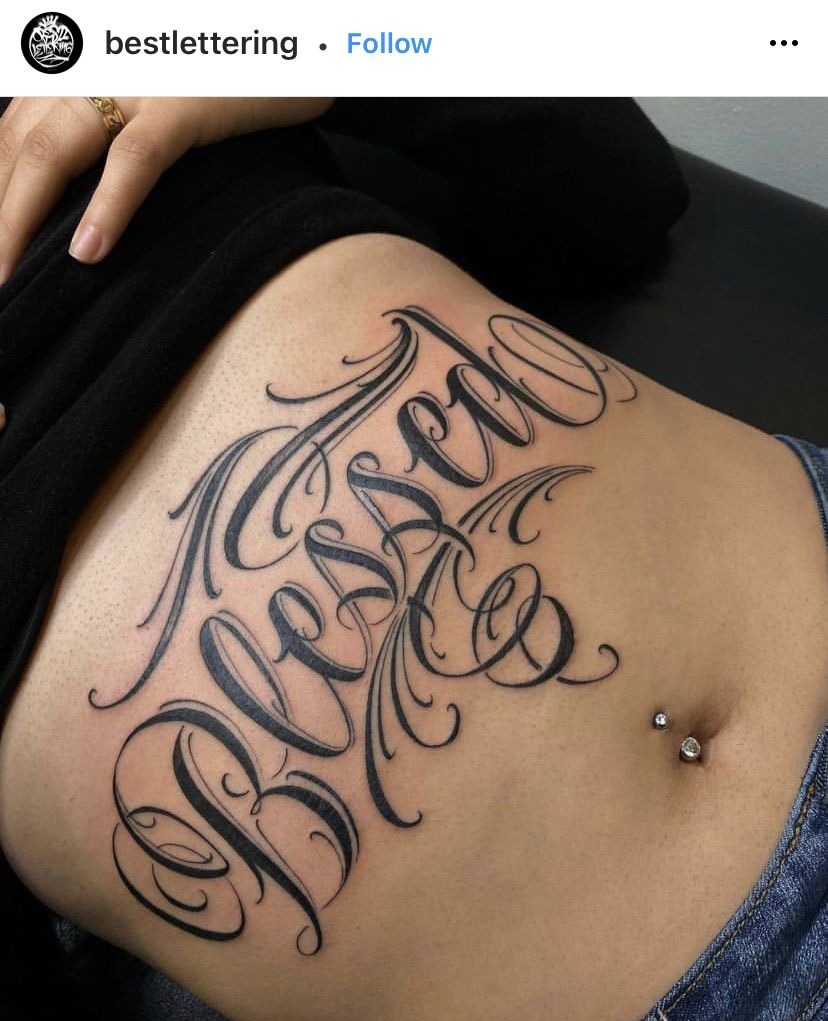 Blessed Stomach Script Tattoo Design