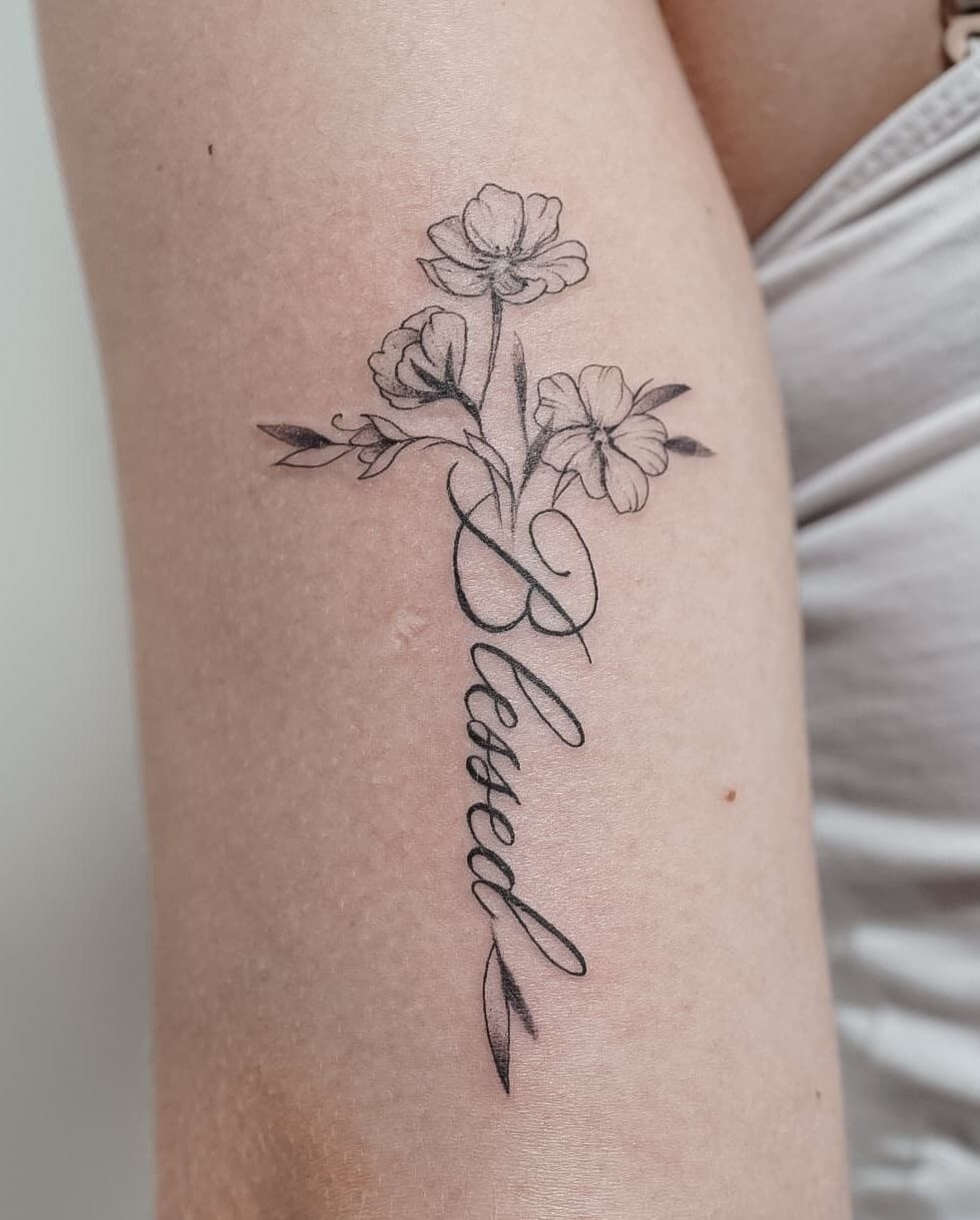 Blessed with Floral Cross Tattoo Design
