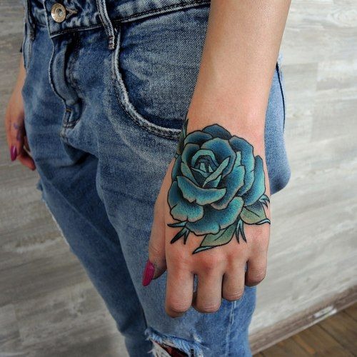 Bold Blue Rose Hand Tattoo Tattoo Design