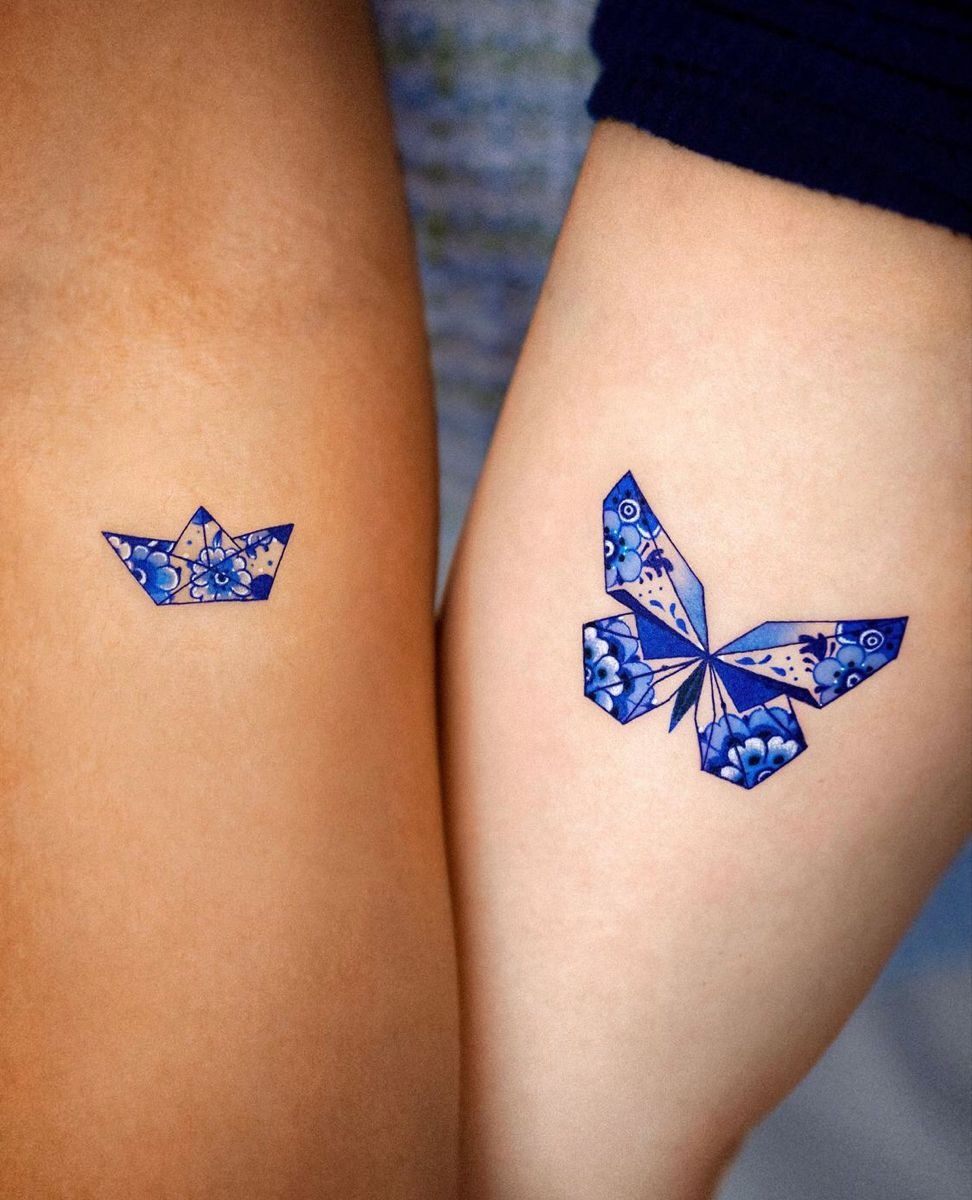 Matching Blue Origami Tattoos Tattoo Design