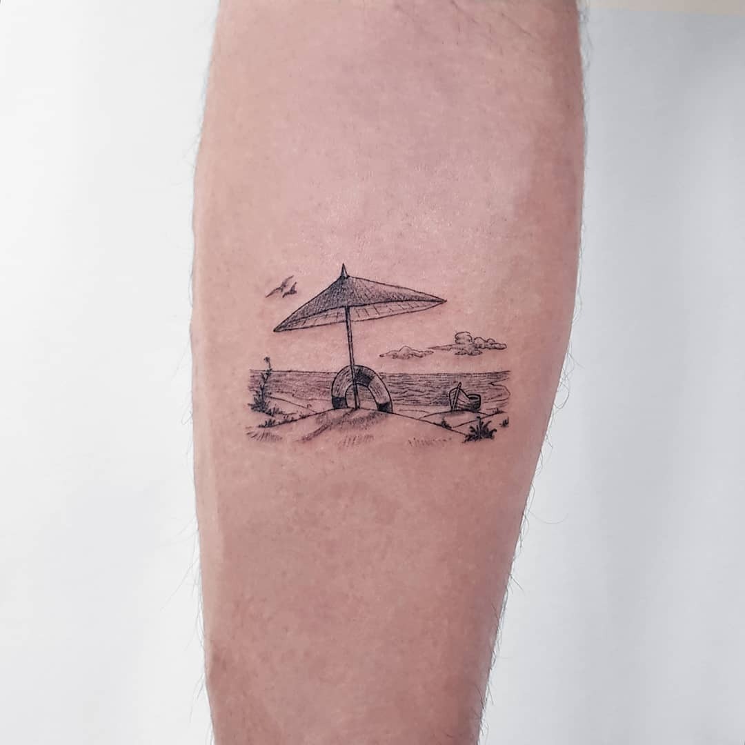 Charming beach scene boat tattoo Tattoo Design