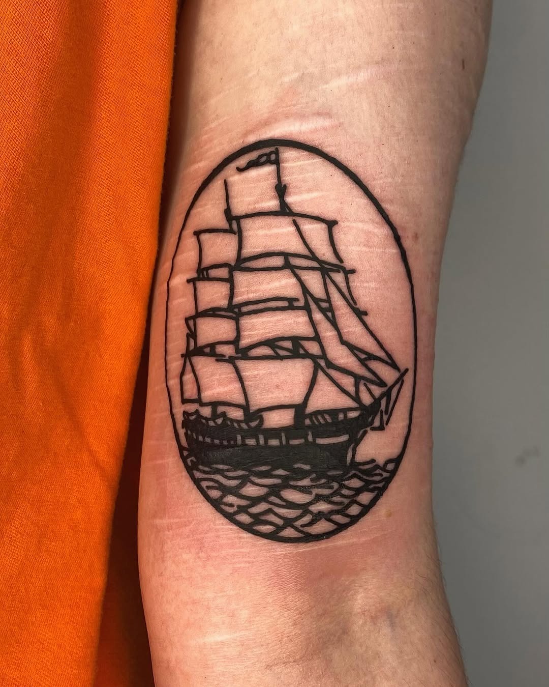 Classic ship tattoo with bold outlines Tattoo Design