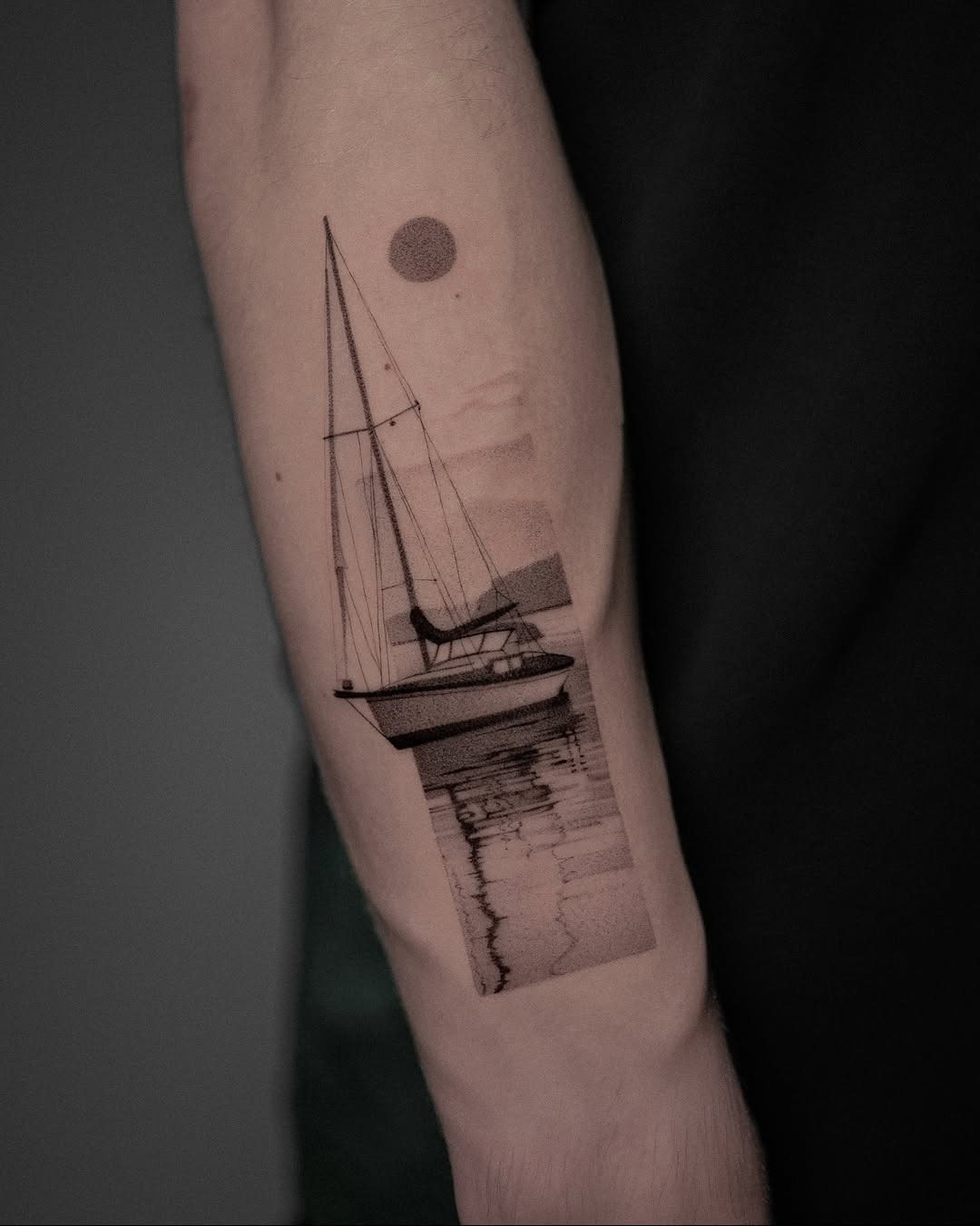 Elegant minimalist boat tattoo with sunset vibes Tattoo Design