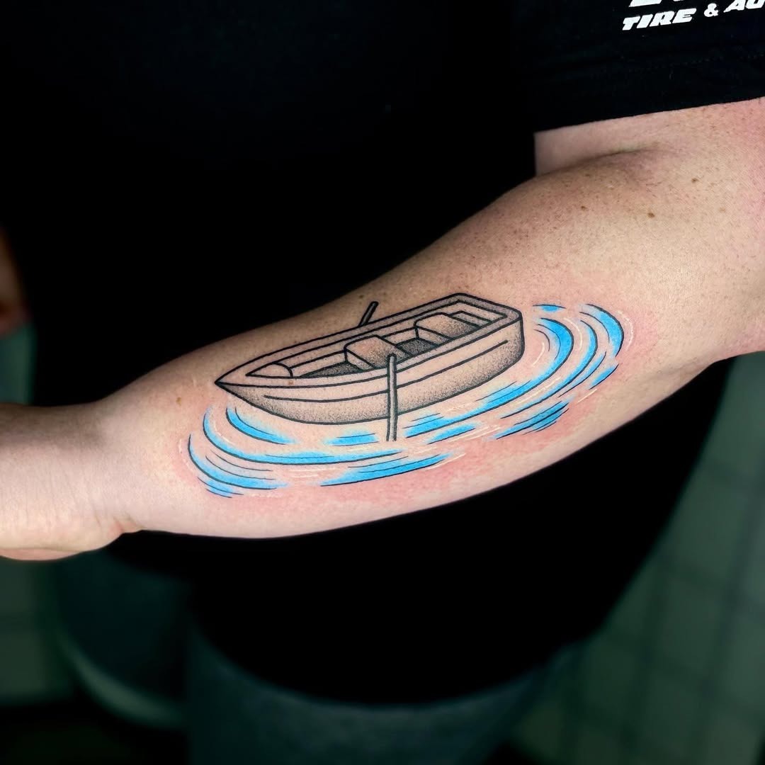 Minimalist boat tattoo with colorful waves Tattoo Design