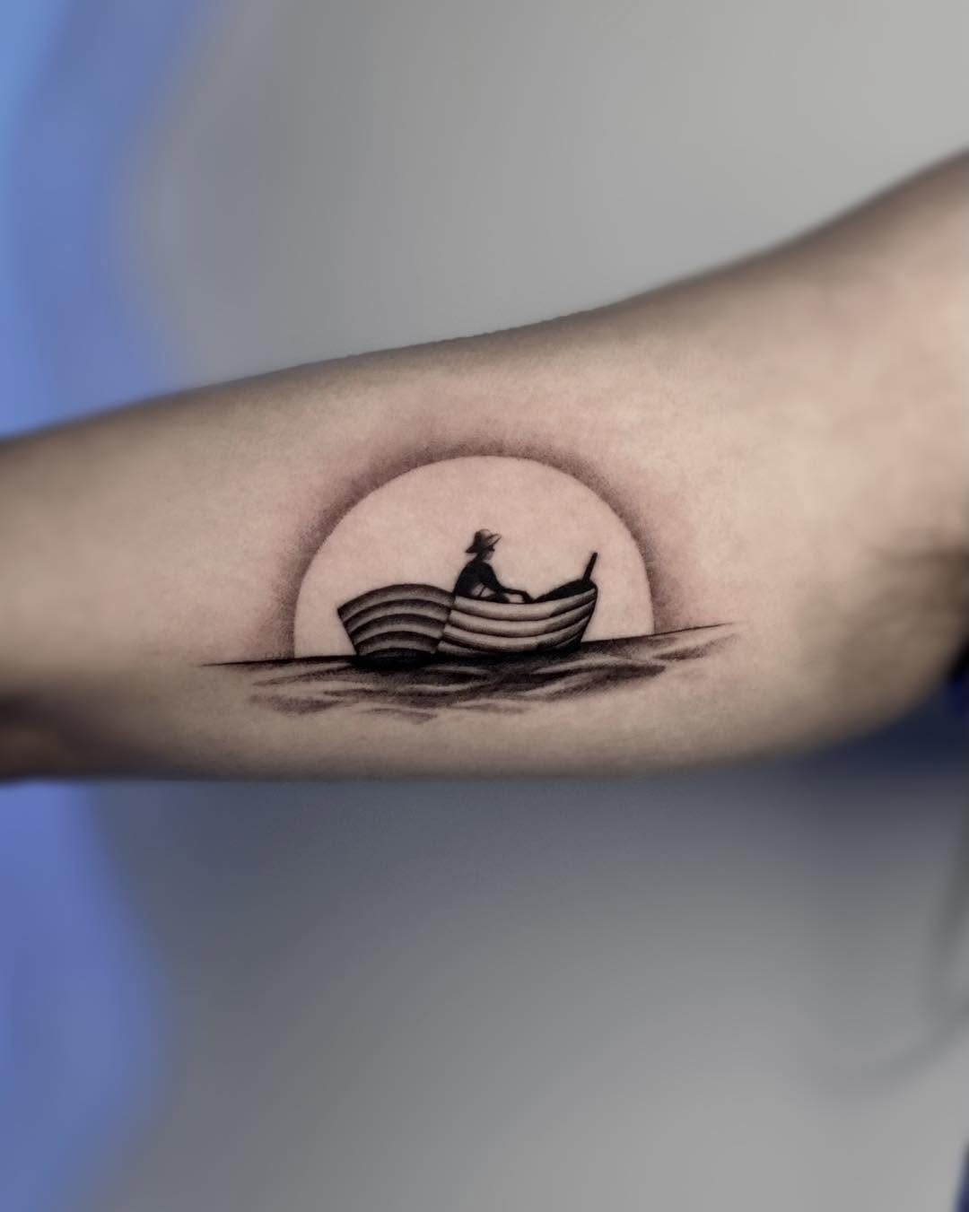 Stunning sunset silhouette boat tattoo design Tattoo Design
