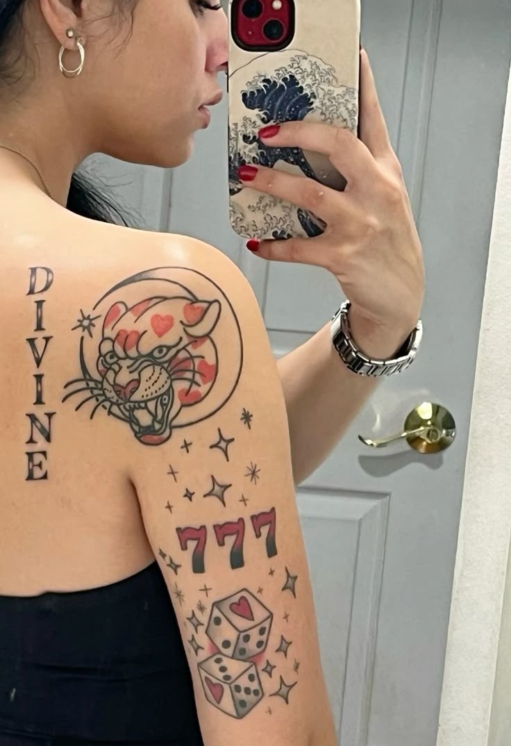 777 with Sparkles and Dice, a tattoo design rendered in bold traditional.