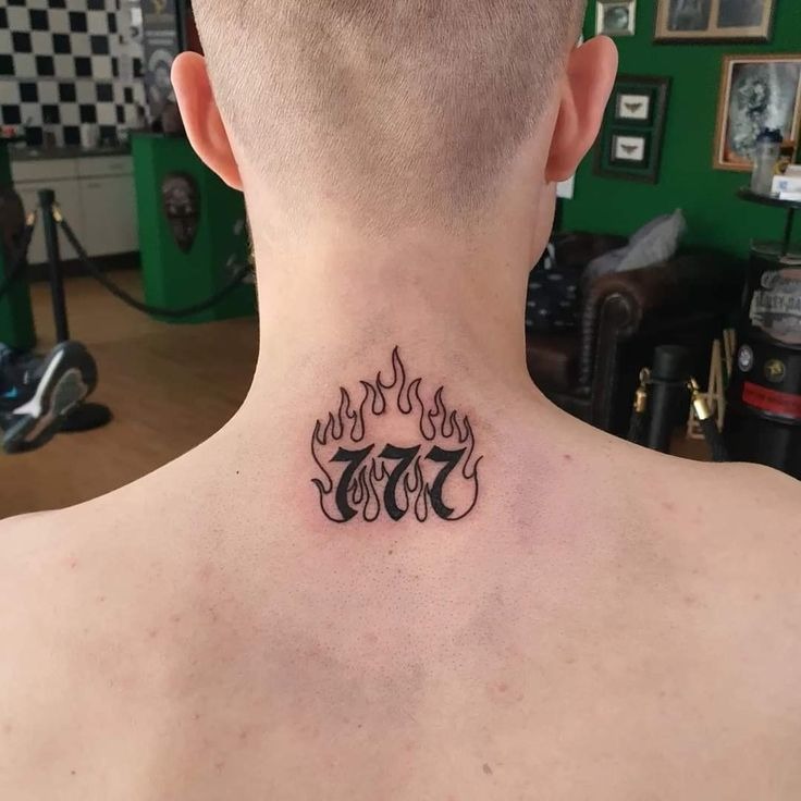 Fiery 777 Neck Tattoo, a tattoo design rendered in clean detailed linework.