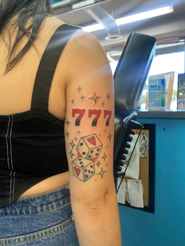 Lucky Dice & Triple 7s Tattoo, a tattoo design rendered in clean detailed linework for the sleeve.