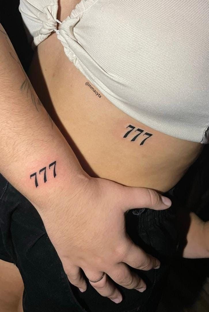 Matching Couple 777 Tattoos, a tattoo design rendered in clean detailed linework.