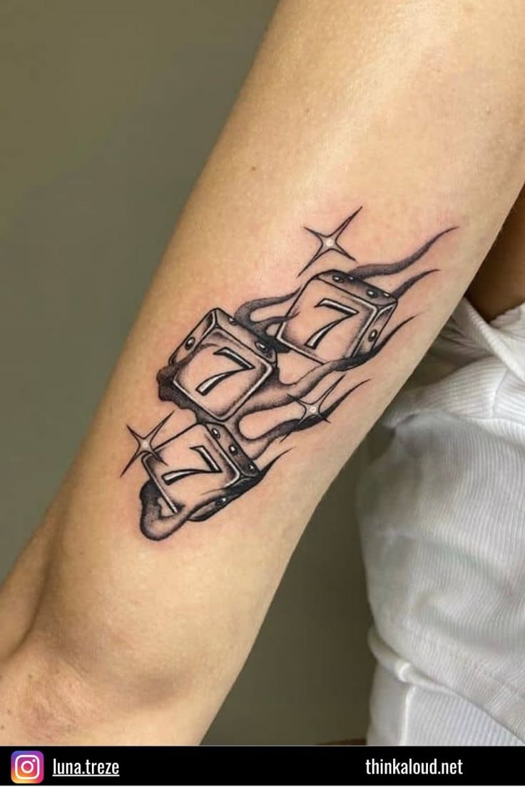 Smoky Dice 777 Tattoo, a tattoo design rendered in clean detailed linework.