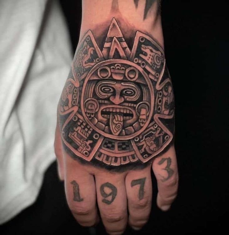 Aztec Sun Calendar Hand Piece Tattoo Design