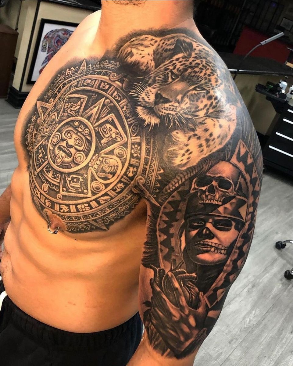 Aztec Sunstone with Jaguar Chest Design Tattoo Design