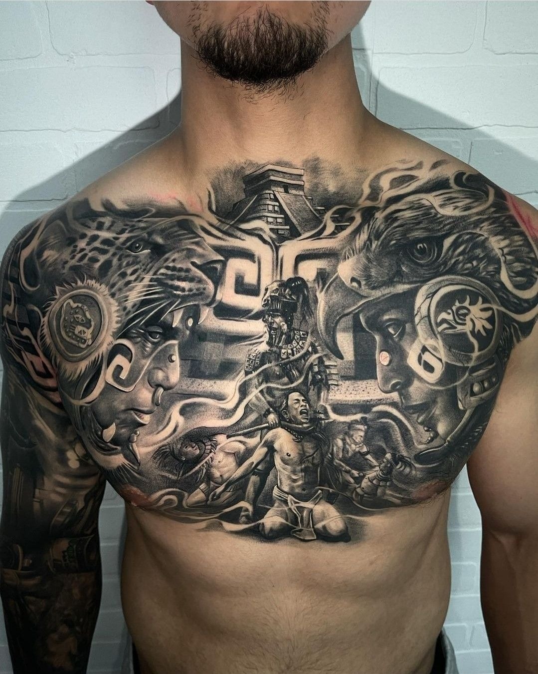 Chest Panel with Jaguar and Warrior Tattoo Design
