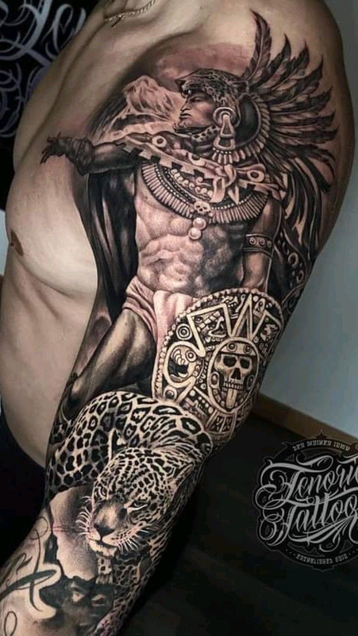 Jaguar Warrior Chest and Arm Sleeve Tattoo Design