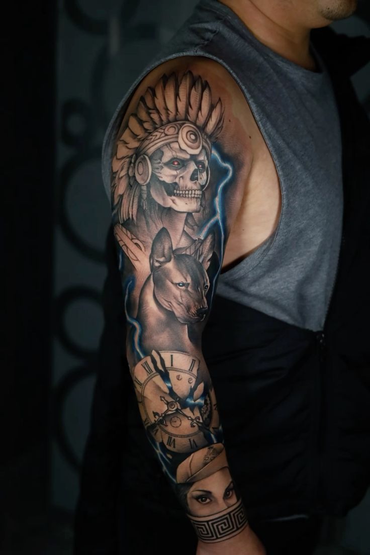 The Warrior and Xoloitzcuintli Full Sleeve Tattoo Design