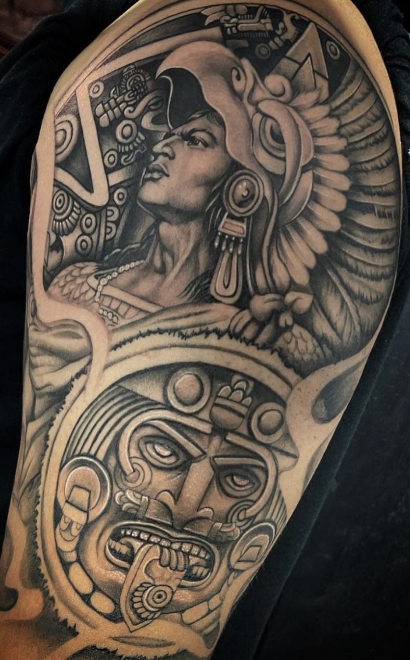 Warrior and Ancient Mask Shoulder Sleeve Tattoo Design