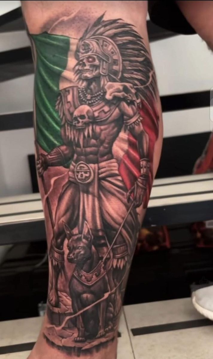 Warrior and Xoloitzcuintli Dog with Mexican Flag Tattoo Design