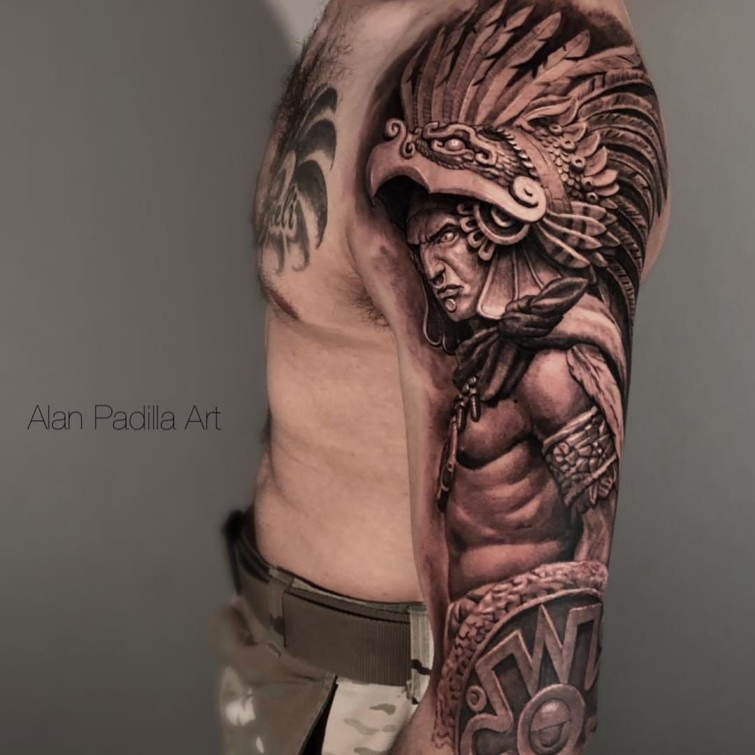 Warrior Portrait with Feathered Headdress Tattoo Design