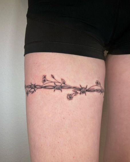 Barbed Wire and Roses Thigh Band Tattoo Design