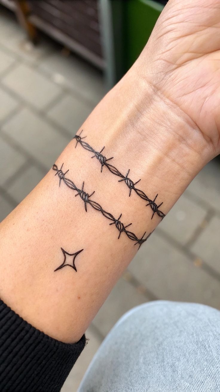 Fine Line Double Wrist Barbed Design Tattoo Design