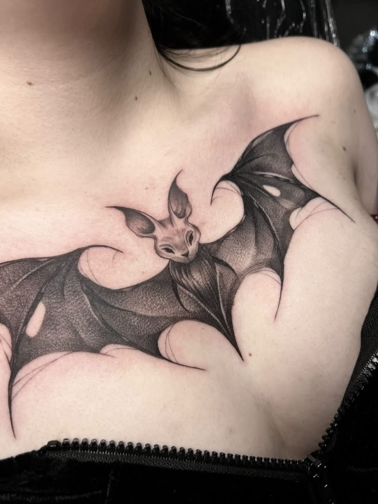 Blackwork Bat with Strange Surreal Details Tattoo Design