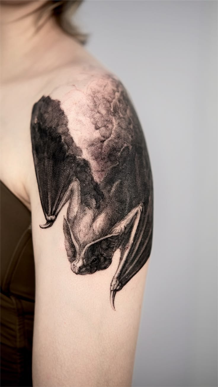 Large Shadowed Bat with Real Creature Energy Tattoo Design