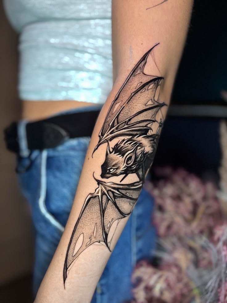 Ornamental Shoulder Bat with Lace-Like Wings Tattoo Design