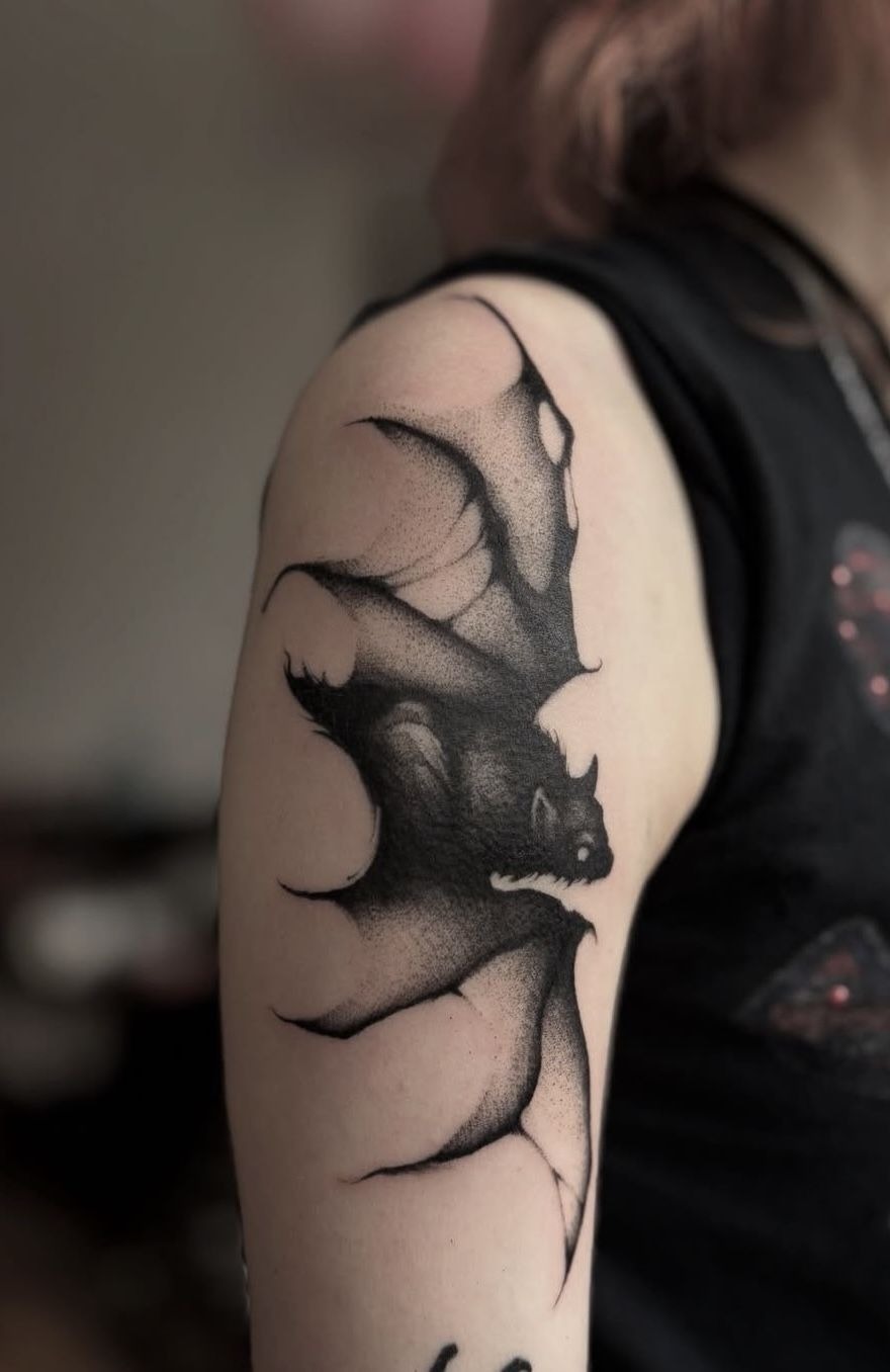Upside Down Back Bat with Moon Magic Tattoo Design