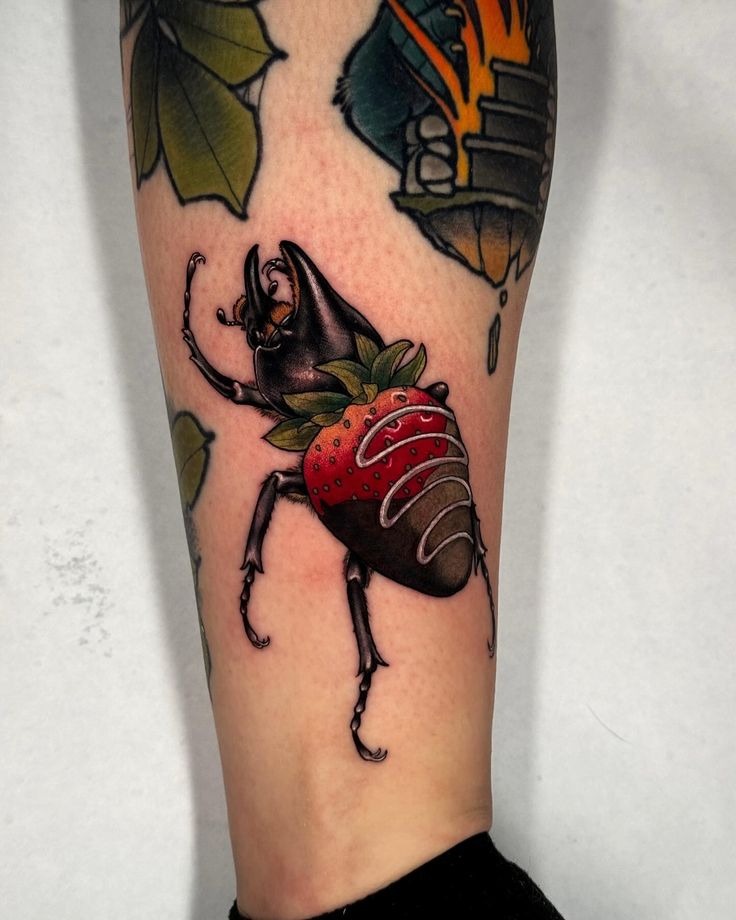 Blue Ornamental Beetle with Decorative Wings Tattoo Design
