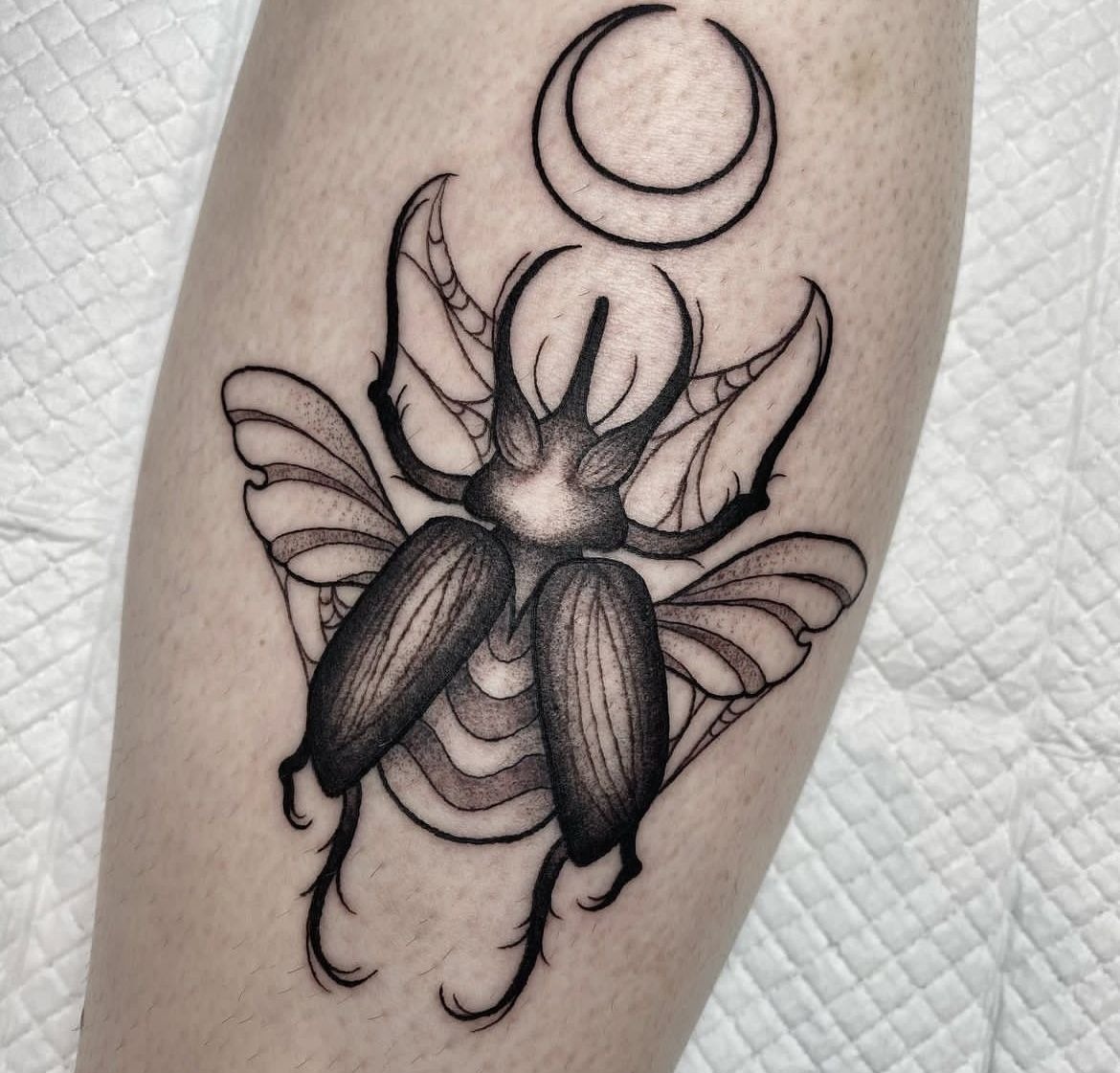 Bright Green Beetle with Red Thread Detail Tattoo Design