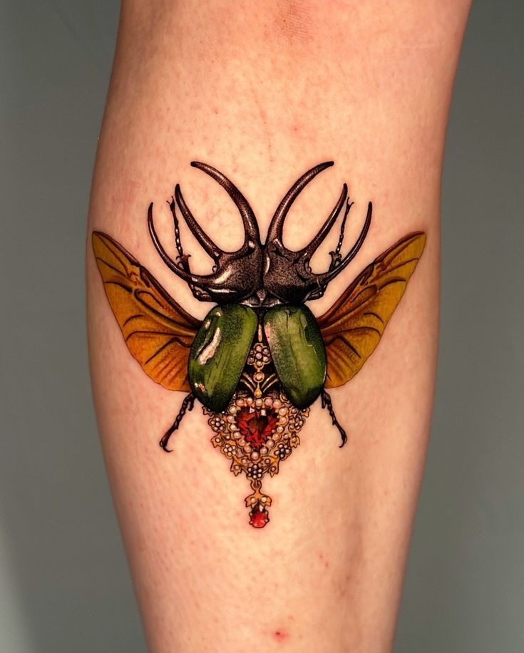 Leaf-Inspired Green Beetle Tattoo Design