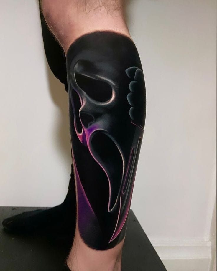 Dark Ghost Mask Blackout Leg Piece Tattoo Design