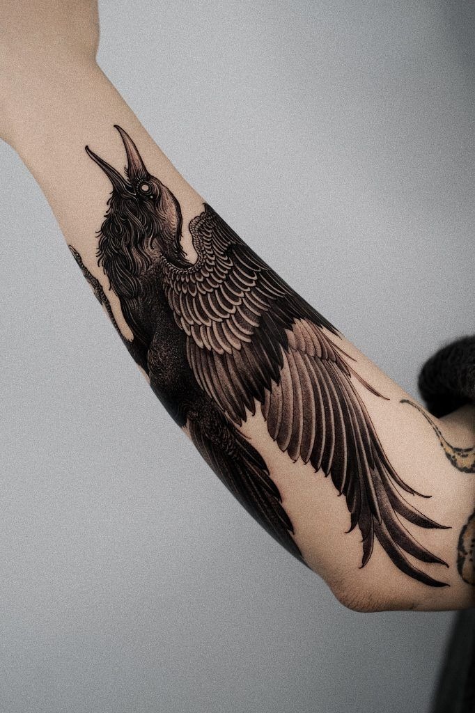 Majestic Black Raven Forearm Tattoo Tattoo Design