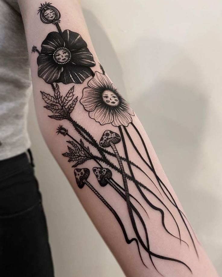 Mystical Botanical Blackwork Composition Tattoo Design
