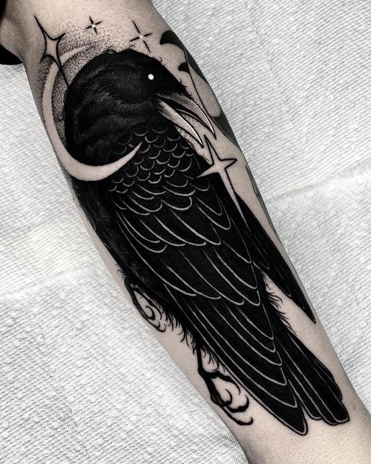 Mystical Raven and Moon Tattoo Design