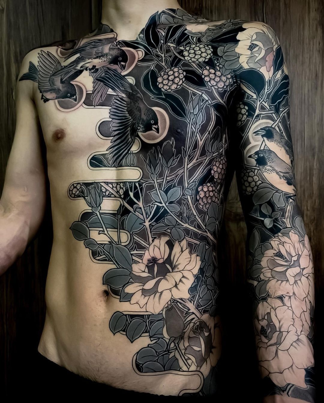 Botanical Birds Blackwork Body Piece Tattoo Design