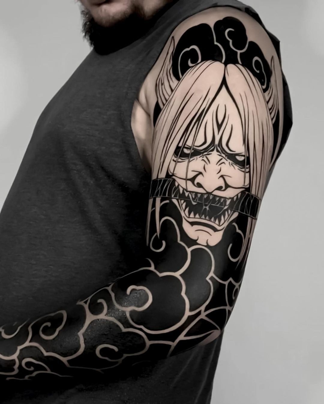 Japanese Demon Blackwork Sleeve Tattoo Design
